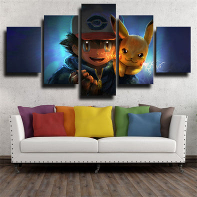 5 panel canvas art framed prints Pokemon Ash pikachu decor picture-1808 (1)
