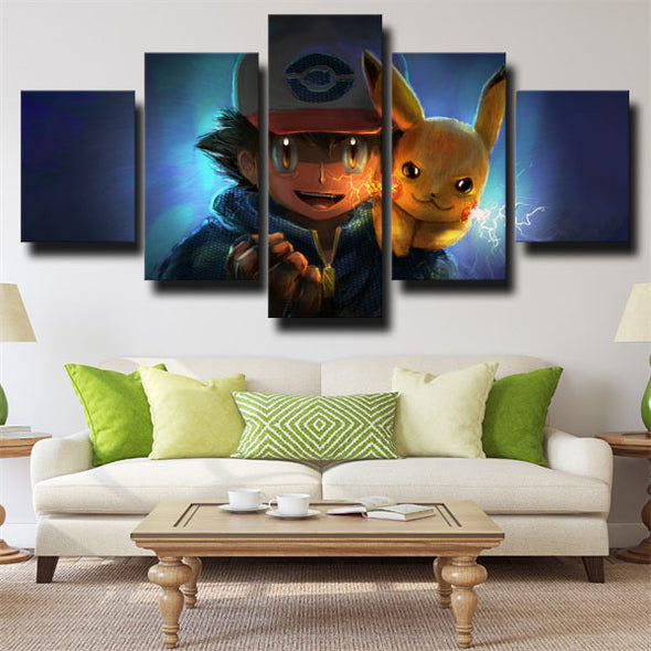 5 panel canvas art framed prints Pokemon Ash pikachu decor picture-1808 (2)