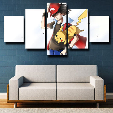 5 panel modern art framed print anime Pokemon Ash Ketchum wall decor-1807 (1)