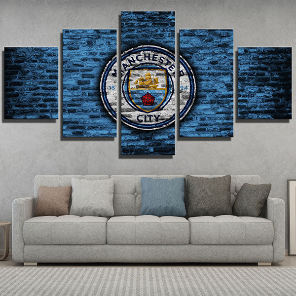 Manchester City FC logo, creative art, blue and white checkered
